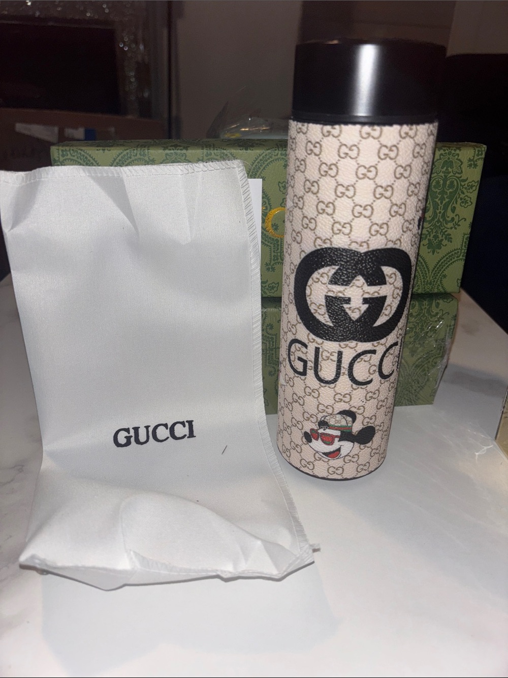 Beige Monogram Travel Bottle with Black Logo